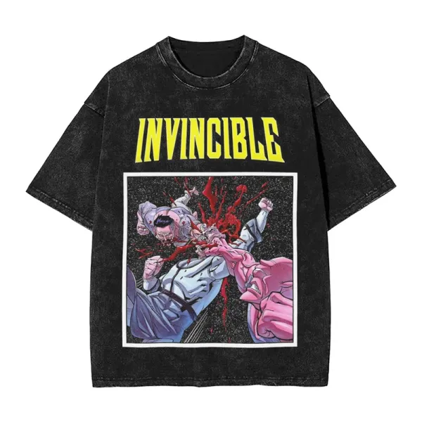 Design Invincible Graphic Print Acid Wash Black T-Shirt Tops.t Shirts - 1