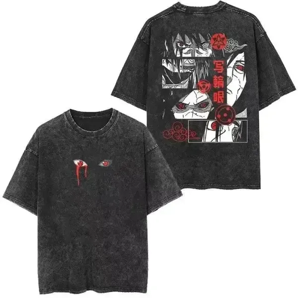 Design Sharingan Eye Graphic Washed Black T-Shirt - 1