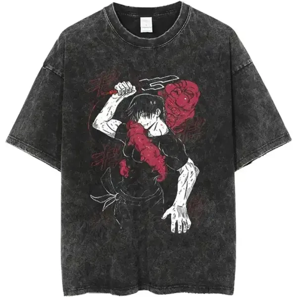 Design Anime Graphic Acid Wash Black T-Shirt - 1