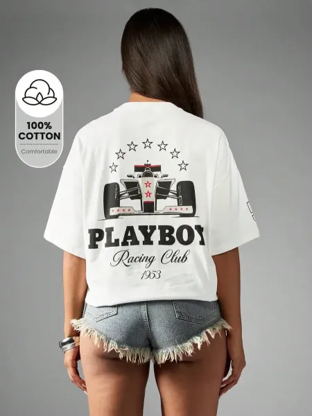 Design Playboy Racing Club Graphic Cropped T-Shirt White T-Shirts - 7