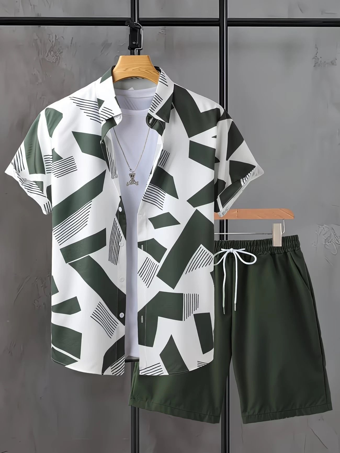 Design Tropical Print Button-Up Shirt and Lime Green Shorts Set - 5