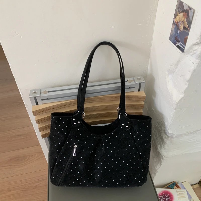 Polka Dot Suede Hobo Bag Black