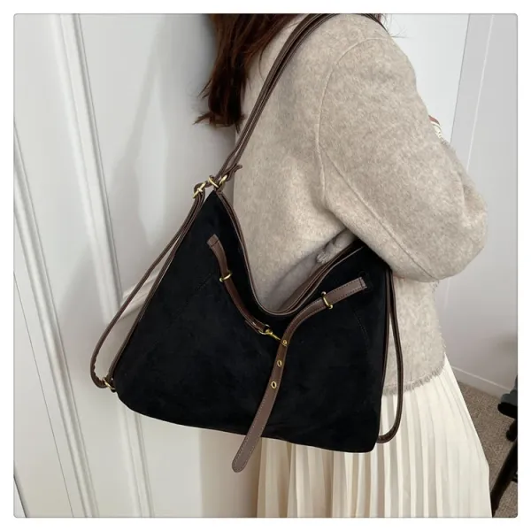 Design Suede Hobo Bag with Brown Leather Trim Black - 18