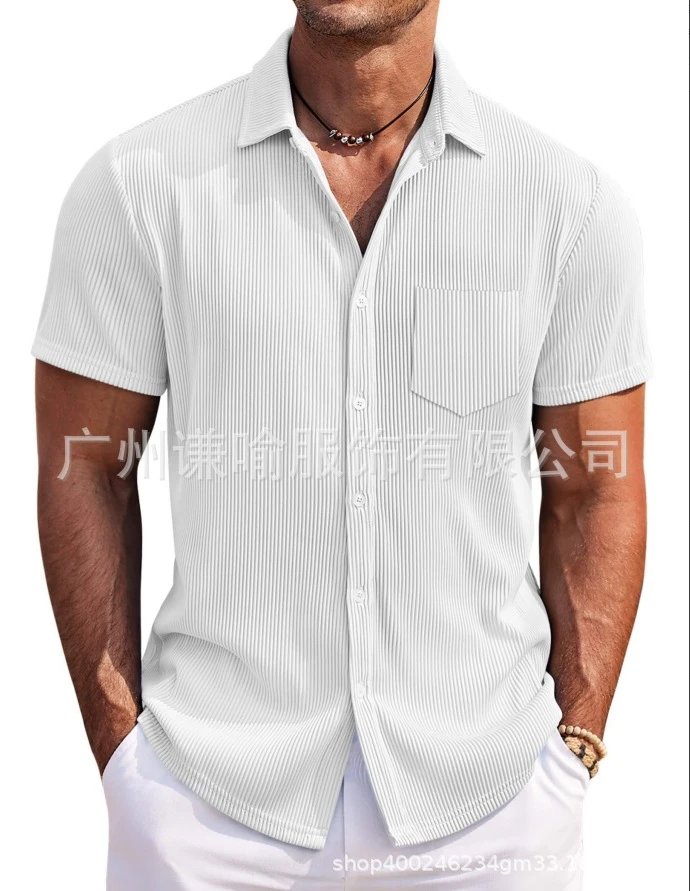 Design Short-Sleeve Ribbed Button-Up Shirt Beige Tops Shirt - 2