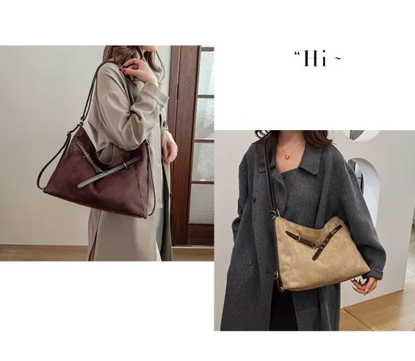 Design Suede Hobo Bag with Brown Leather Trim Black - 25