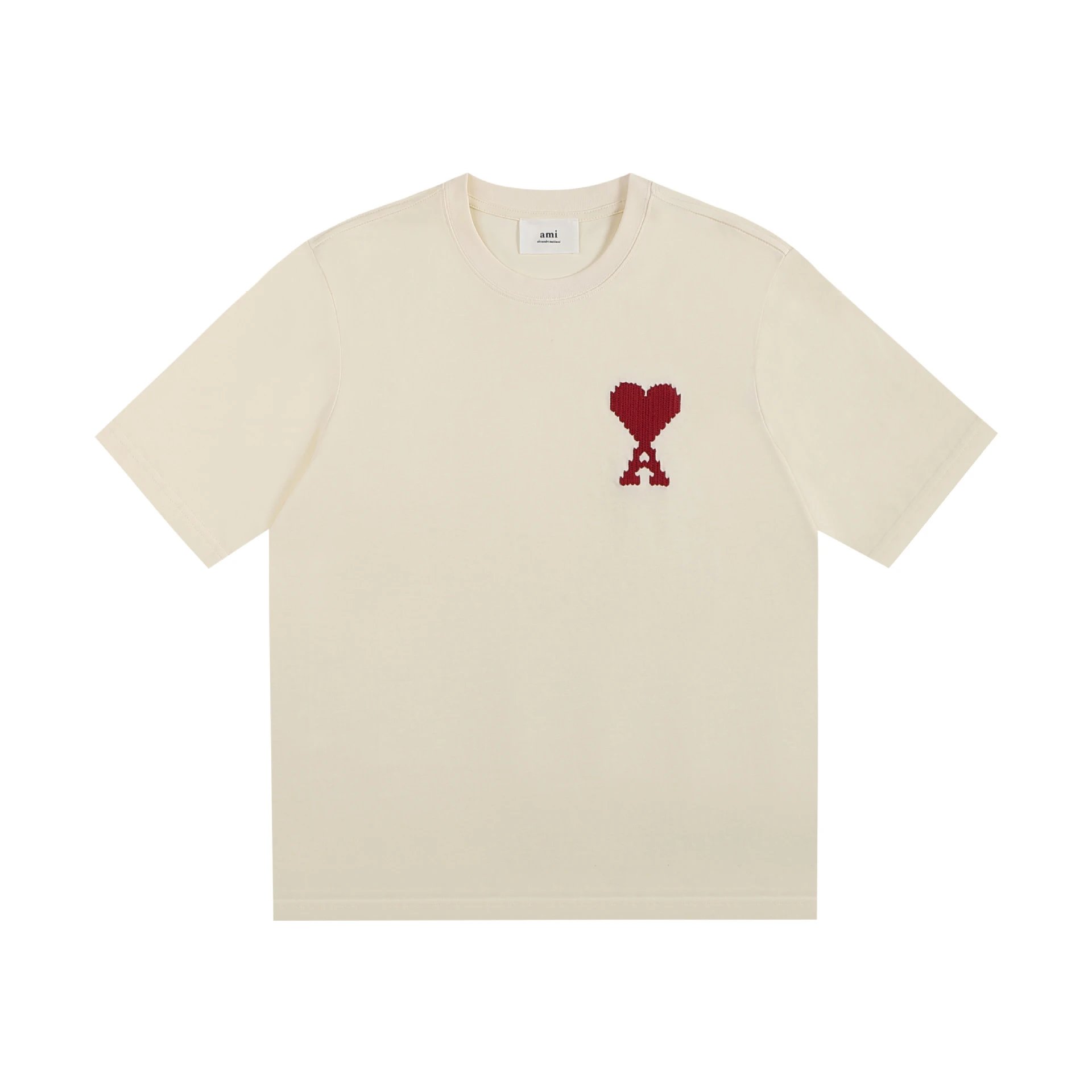 AMI Paris Logo Embroidered Beige T-Shirt - 4