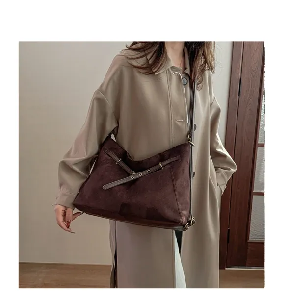 Design Suede Hobo Bag with Brown Leather Trim Black - 33
