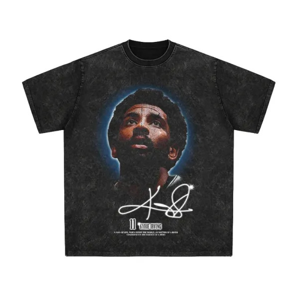 Design Kyrie Irving Signature Portrait Washed Black T-Shirt T-Shirts - 1