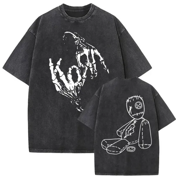 Design Skeleton Hand and Voodoo Doll Graphic Oversized Washed Black T-Shirt - 1