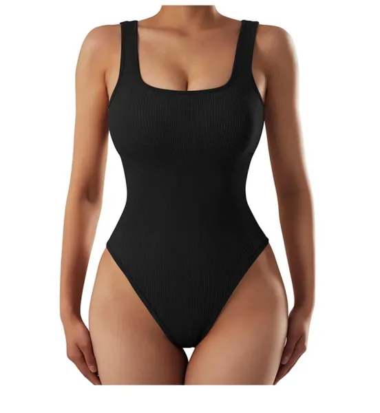 Design Xinhong Ribbed Square-Neck Bodysuit Beige Underwear - 17