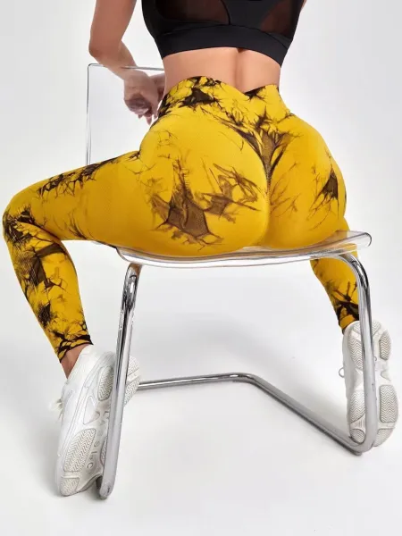 Design Printed High-Waist Compression Leggings Yellow Black Multicolor - 1