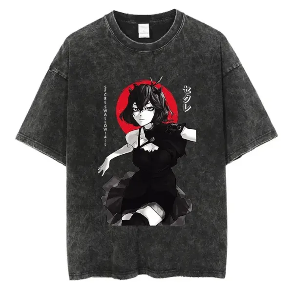 Design Secret Swallowtail Anime Print Acid Wash T-Shirt Tops.t Shirts - 1