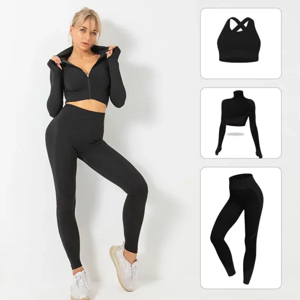 Design Black Mesh-Textured Zip-Up Crop Top and High-Waisted Leggings Set Activewear - 1