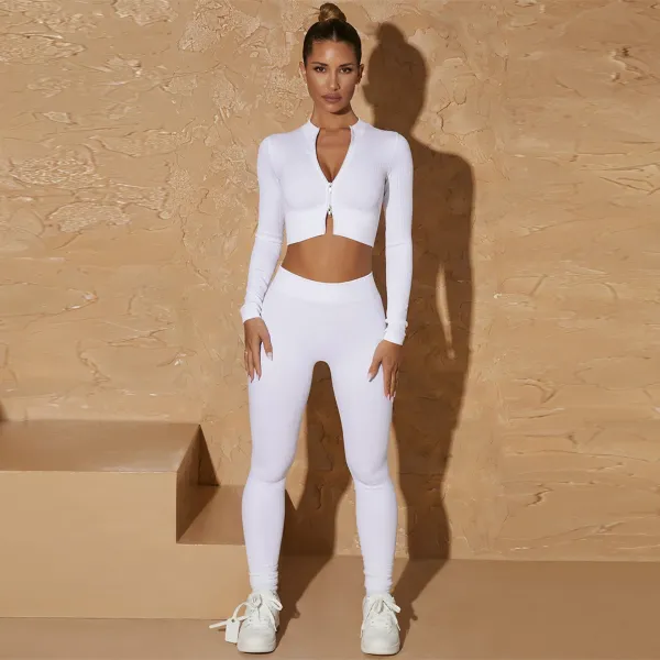 Design Ribbed Zip-Front Crop Top and Leggings Set White Activewear - 1
