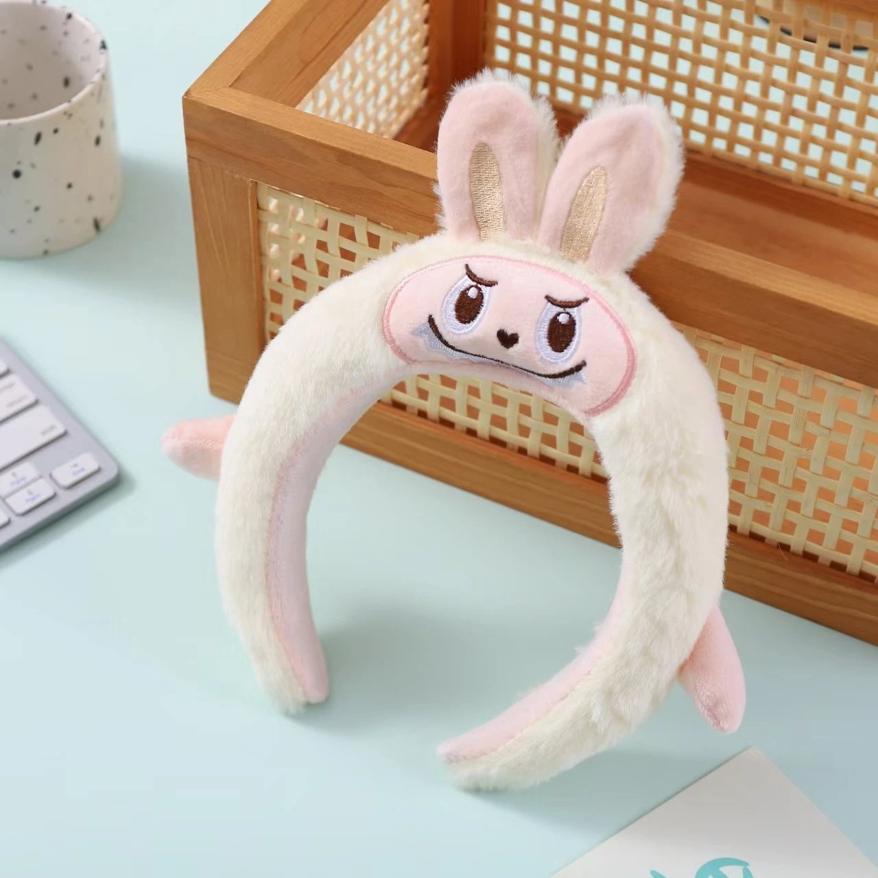 Design Plush Bunny Headband with Embroidered Face in White and Pink Accessories