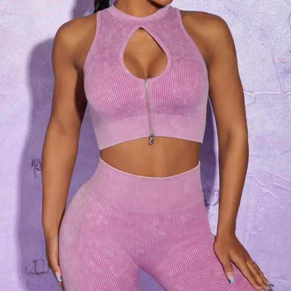 Design Ribbed Velvet Cutout Zip Front Crop Top and High-Waist Leggings Set Pink - 1