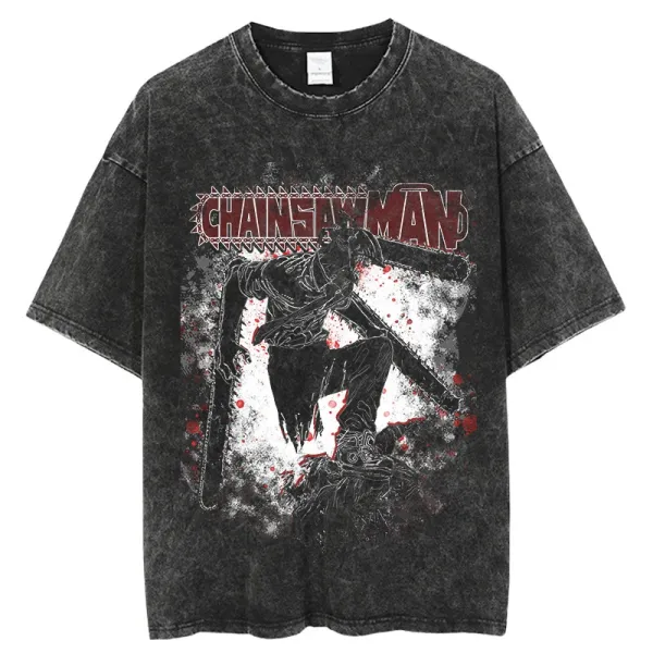 Design Chainsaw Man Graphic Acid Wash T-Shirt T-Shirts - 1