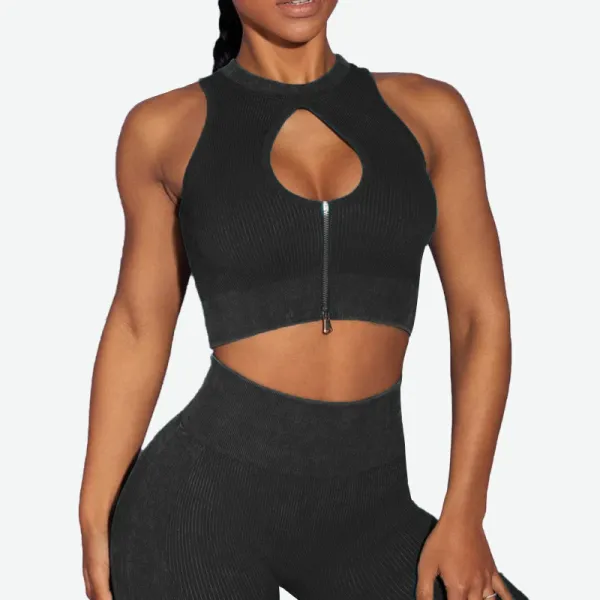 Design Ribbed Cutout Zip Front Crop Top and High-Waist Leggings Set Black - 1