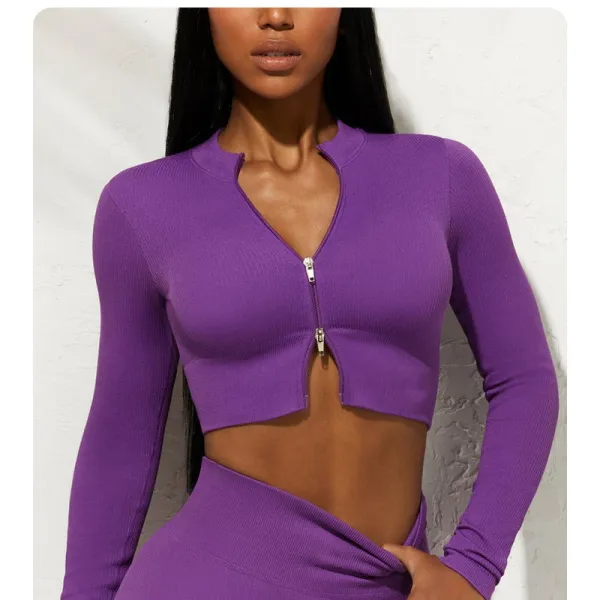 Design Purple Ribbed Zip-Front Cropped Top and Skirt Set Sets - 1