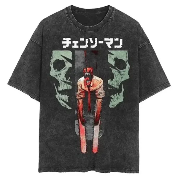 Design Chainsaw Man Graphic Acid Wash Black T-Shirt - 1