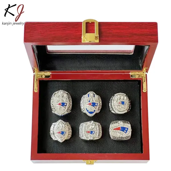 New England Patriots Super Bowl Championship Rings Collection in Red Wooden Display Box Jewelry - 1