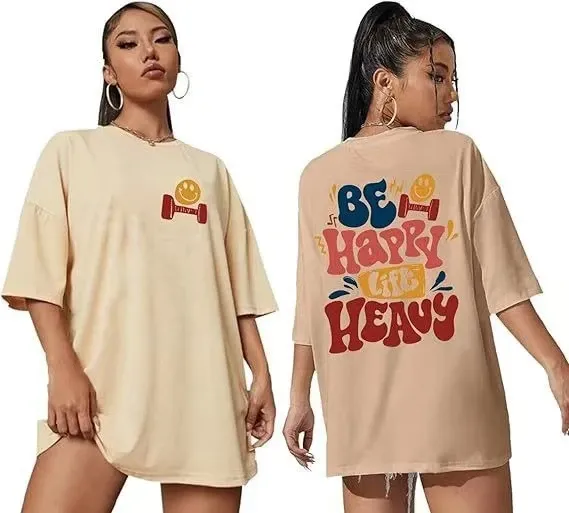 Design 'Be Happy Lift Heavy' Oversized Graphic T-Shirt Beige Tops.t Shirts - 1
