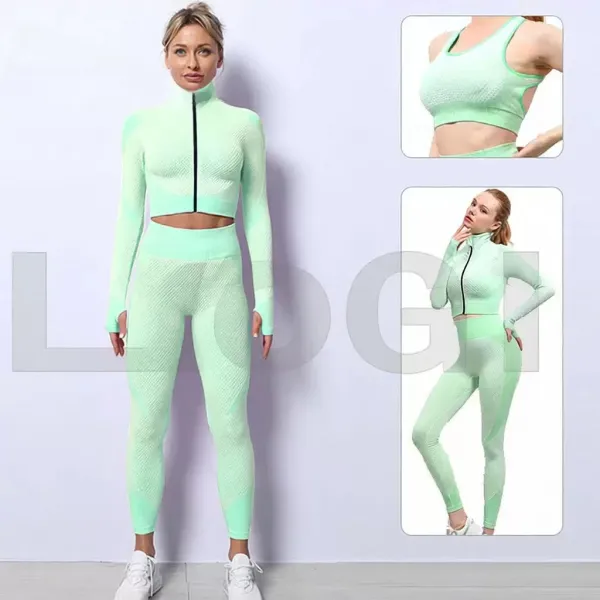 Design Mesh-Textured High-Neck Zip-Up Crop Top and Leggings Set Mint Green Activewear - 1