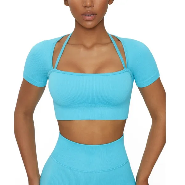 Alo Square Neck Ribbed Crop Top and High-Waist Leggings Set in Sky Blue Activewear - 1