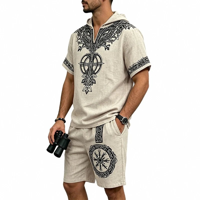Men's Bamboo Linen Viking Print Hoodie and Shorts Set photo 4