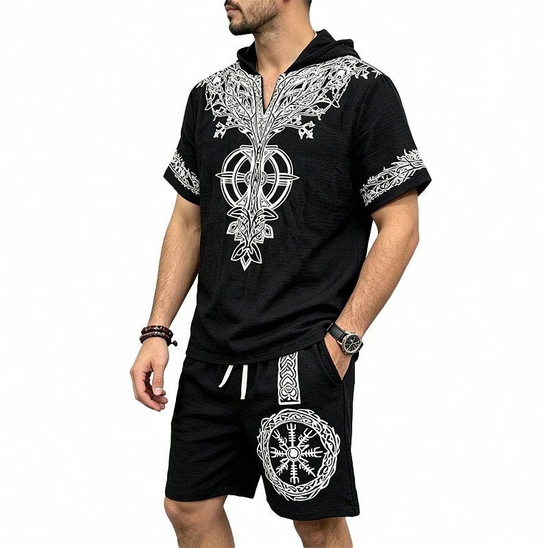Men's Bamboo Linen Viking Print Hoodie and Shorts Set photo 5