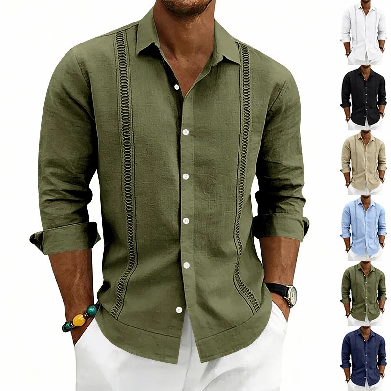 Design Guayabera-Style Shirt Army Green Shirt Tops Shirt - 2