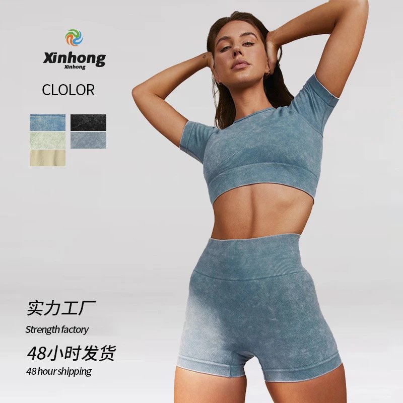 Women's Washed Yoga Two-Piece Outfit – Summer Short-Sleeve Yoga Set, Denim-Like Shock-Absorbing Activewear