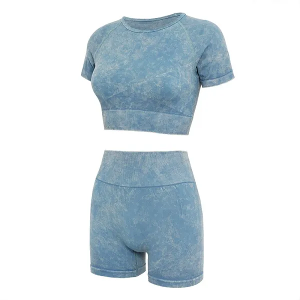 Design Acid Wash Blue Crop Top and High-Waist Shorts Set - 1