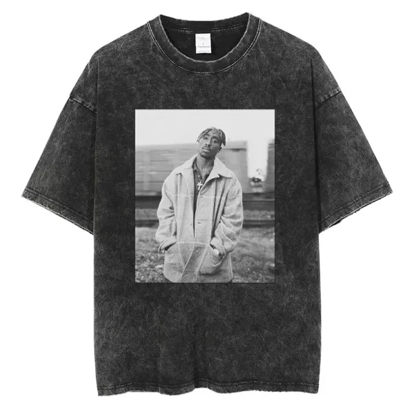 Design Tupac Shakur Photo Print Acid Wash T-Shirt - 1