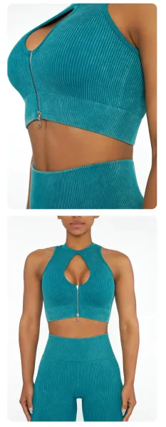 Design Ribbed Cut-Out Zip Front Crop Top in Pink Activewear - 15