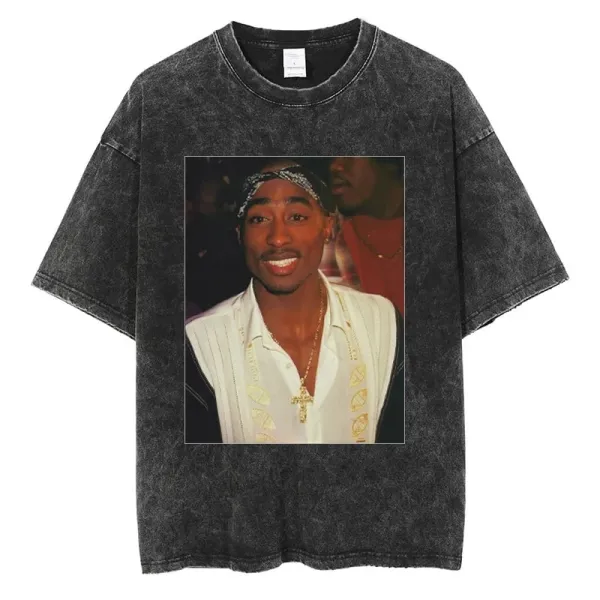Design Tupac Shakur Photo Print Acid Wash Black T-Shirt - 1