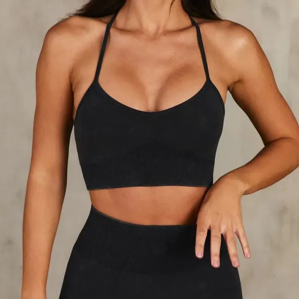 Design Ribbed Halter Crop Top Black Activewear - 1