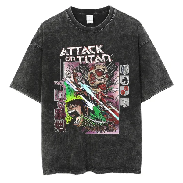 Design Attack on Titan Graphic Print Acid Wash Black T-Shirt T-Shirts - 1