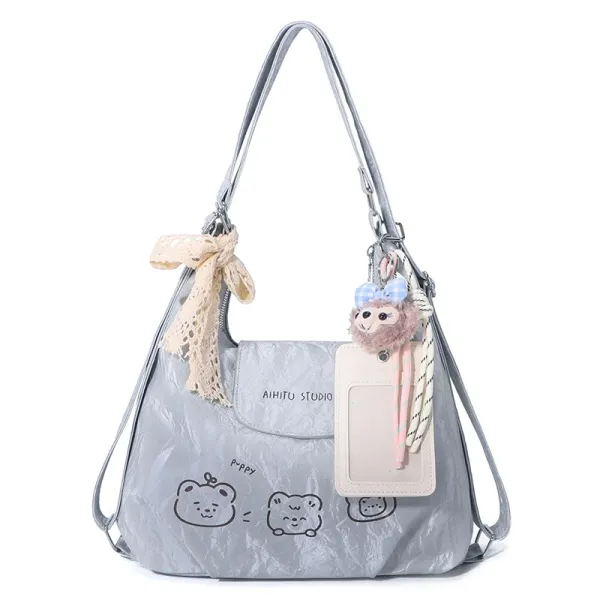 Design AIHITU STUDIO Cartoon Bear Print Silver Gray Hobo Bag - 1