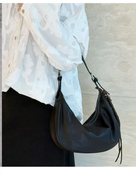 Design Crescent Moon Hobo Bag Black Leather Shoulder Bags - 6