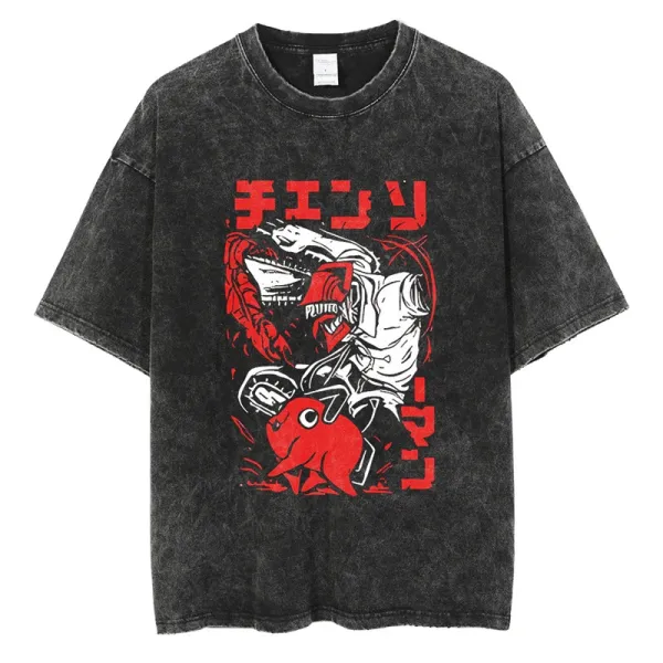 Design Chainsaw Man Graphic Acid Wash T-Shirt - 1