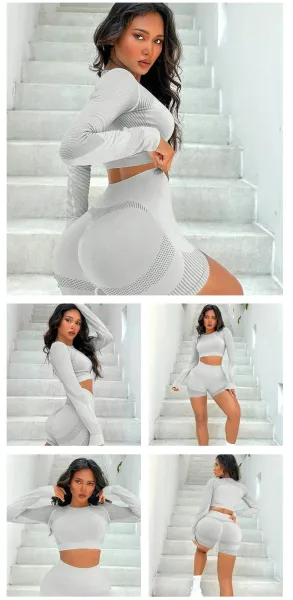 Design Mesh Panel Long Sleeve Crop Top and High-Waisted Shorts Set Light Blue Activewear - 14