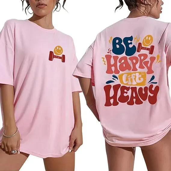 Design Happy Heavy Graphic Print Oversized T-Shirt Pink - 1