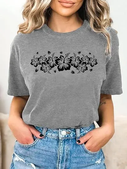 Design Floral Print Cropped Gray T-Shirt - 1