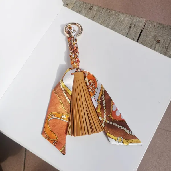 Design Silk Scarf Keychain with Leather Tassel in Orange Multicolor Accessories - 1