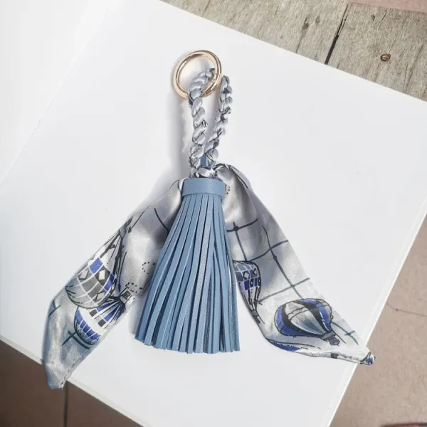 Design Silk Scarf Tassel Keychain in Blue and Gray Accessories - 1