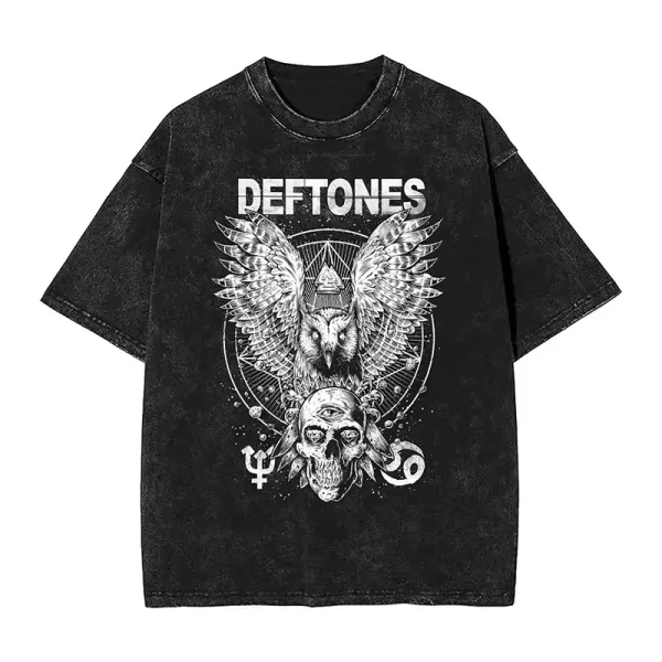 Design Deftones Owl and Skull Graphic Acid Wash Black T-Shirt T-Shirts - 1