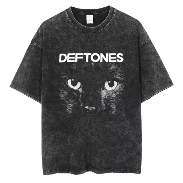 Design Deftones Cat Print Acid Wash T-Shirt Black T-Shirts - 1