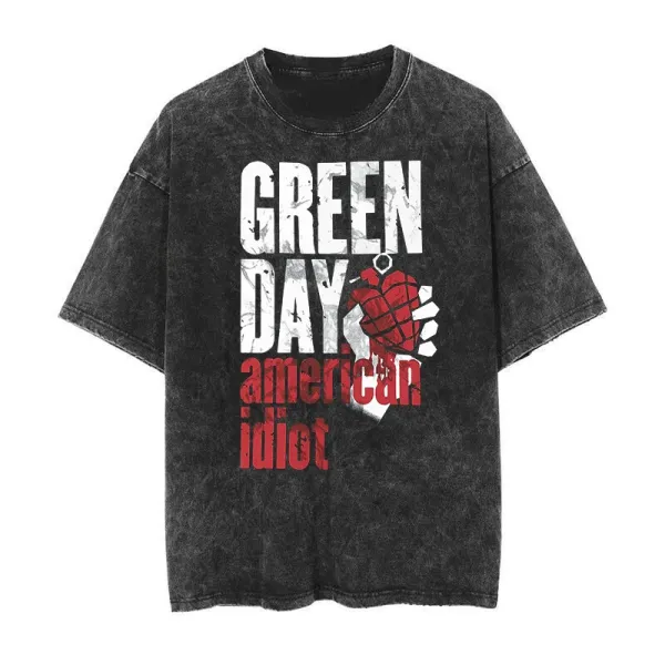 Design Green Day American Idiot Graphic Tee Black Acid Wash T-Shirt T-Shirts - 1