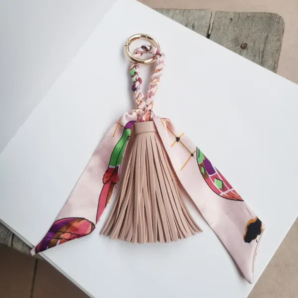 Design Silk Scarf Tassel Keychain Pink Multicolor Accessories - 1